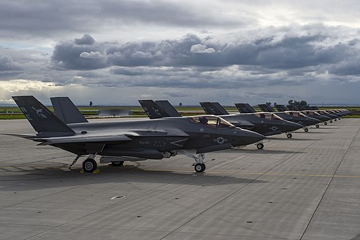 Ten F-35C Lightning IIs of VFA-147 on the flight line at Naval Air Station Lemoore on 27 February 2019 (190227-N-WR119-0043)