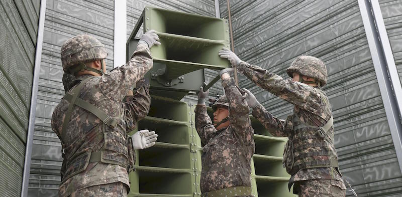 South Korean military personnel remove loudspeakers for propaganda broadcasting in Paju, South Korea, on May 1, 2018, in line with an agreement reached during an inter-Korean summit. (Kyodo) ==Kyodo