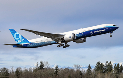 Boeing 777X WH001 during its first flight at Paine Field in Everett, Washington on January 25, 2020 - K66778-08