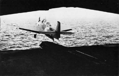TBF-1 Avenger is launched from the hangar catapult aboard USS Yorktown (CV-10) in May 1943