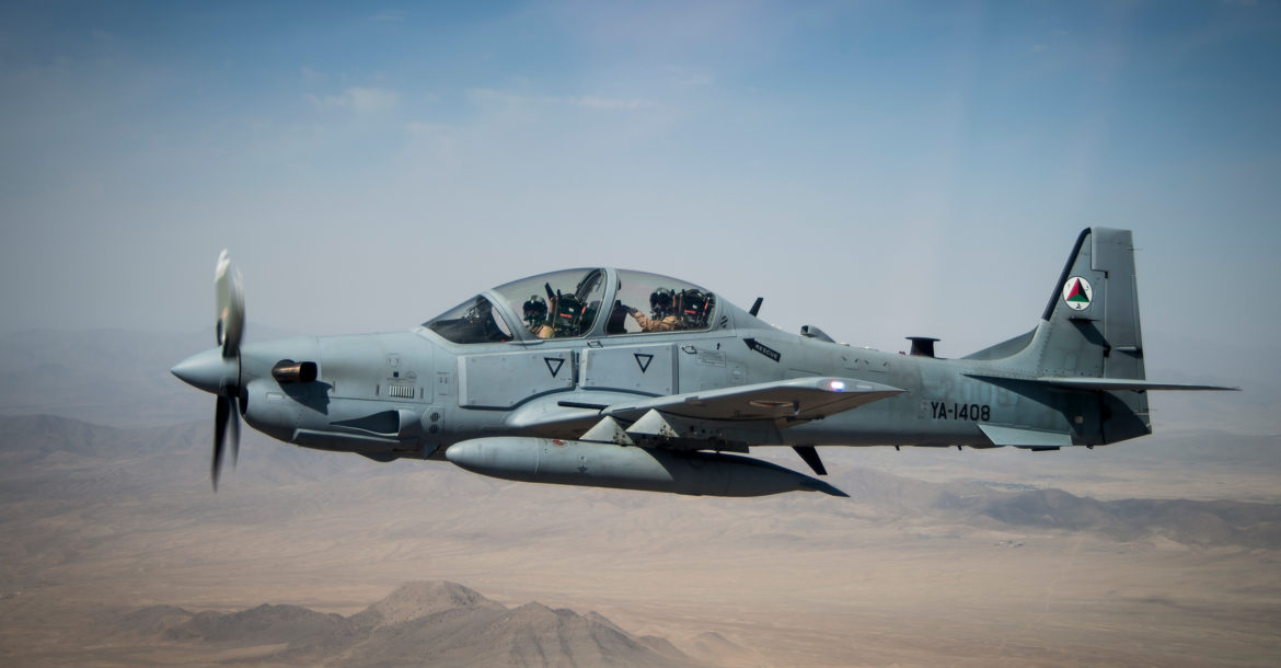 An Afghan Air Force A-29 Super Tucano soars over Kabul, Afghanistan, Aug. 14, 2015. The A-29 is the Afghan Air Force's latest attack airframe in their inventory. (U.S. Air Force photo/Staff Sgt. Larry E. Reid Jr., Released)