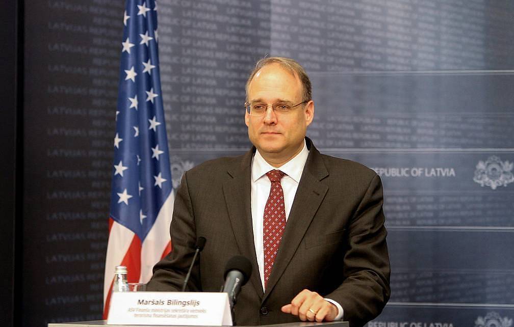 epa07574560 Marshall Billingslea, Assistant Secretary for Terrorist Financing in the United States Department of the Treasury, during a press briefing after meeting with the Latvian Prime Minister in Riga, Latvia, 16 May 2019. Billingslea had previously visited Latvia to watch over the bamking sector to be overhauled forllowing a string of money laundering and corruption scandals. EPA-EFE/Valda Kalnina