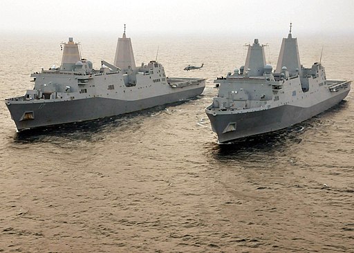 US Navy 110609-N-VL218-336 The amphibious transport dock ships USS San Antonio (LPD 17) and USS New York (LPD 21) are underway together in the Atla