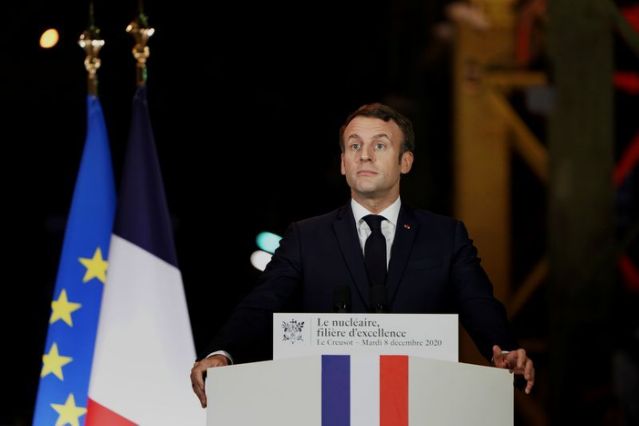 French President Emmanuel Macron, delivers his speech during a visit at Framatome nuclear reactor production site in Le Creusot, France, December 8, 2020. Laurent Cipriani/Pool via REUTERS