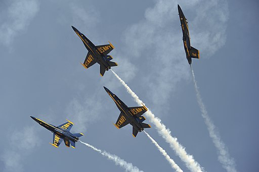 US Navy 111029-N-IR859-036 The U.S. Navy fight demonstration squadron, the Blue Angels, perform the Diamond Low Break Cross maneuver at the Randolp